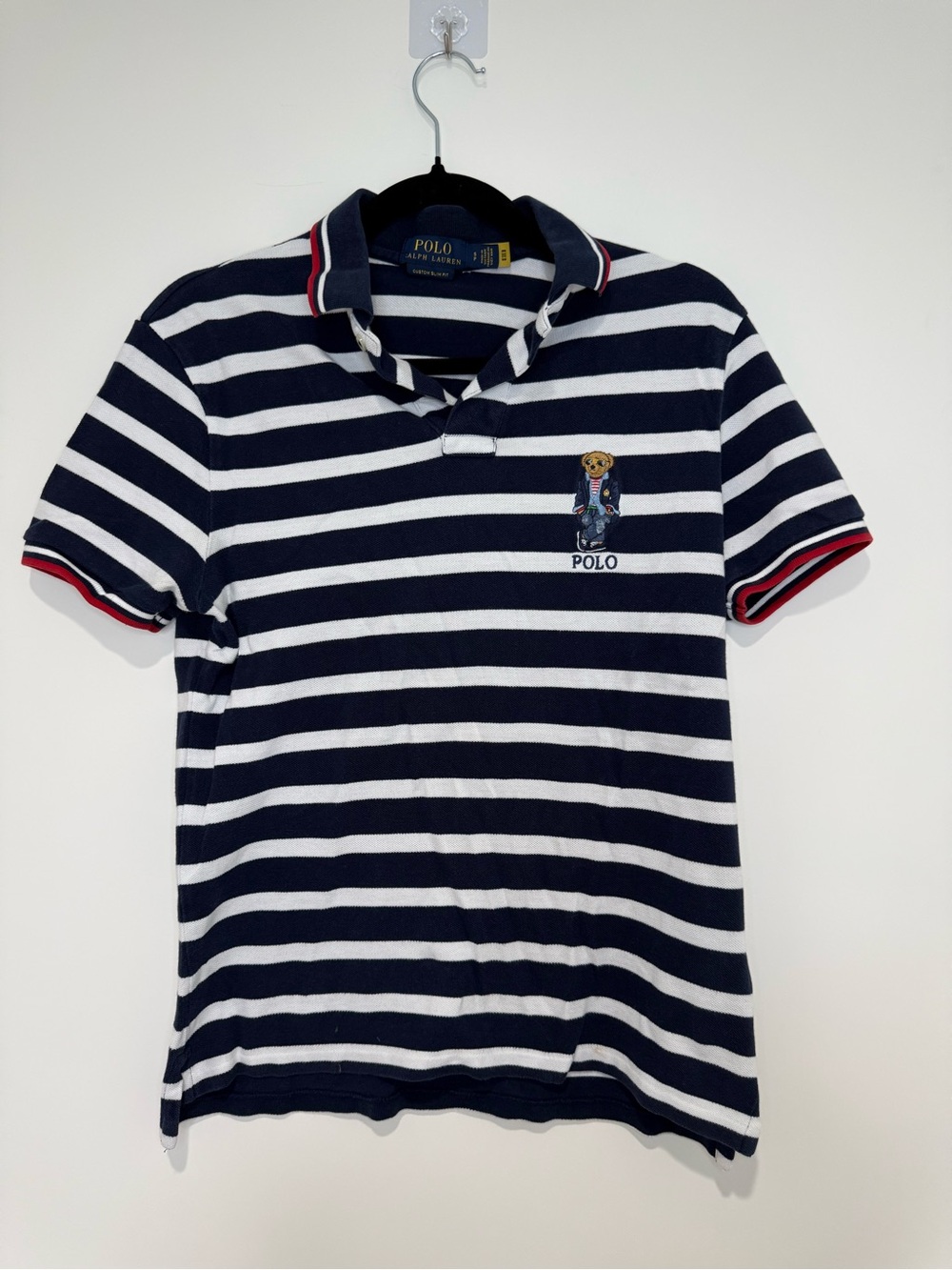 Polo by Ralph Lauren Navy & White Striped Polo with Bear Patch
